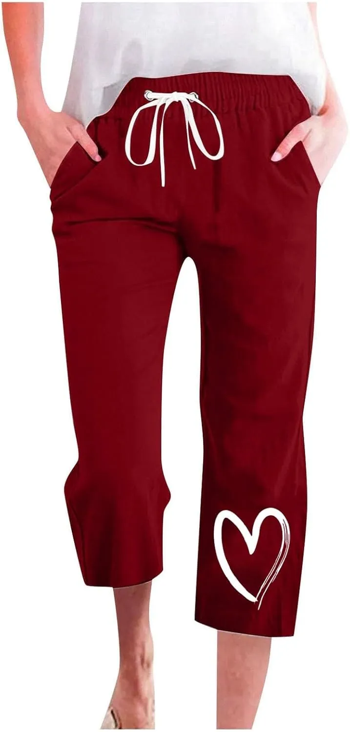 Capri Pants for Women Casual Summer Linen Heart Print Capris Drawstring Elastic Waist Cropped Trouser with Pockets