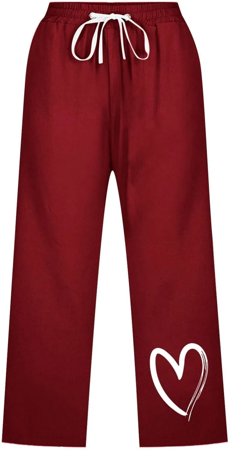 Capri Pants for Women Casual Summer Linen Heart Print Capris Drawstring Elastic Waist Cropped Trouser with Pockets
