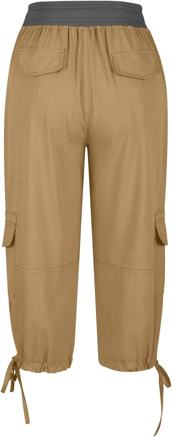 Capri Pants for Women Summer Cargo Capris with Pockets Drawstring Casual Hiking Solid Elastic Waist Cropped Trousers