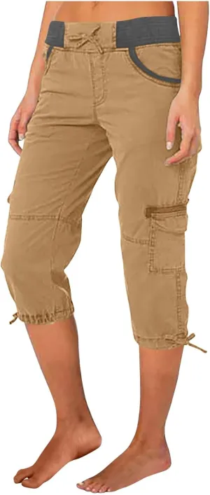 Capri Pants for Women Summer Cargo Capris with Pockets Drawstring Casual Hiking Solid Elastic Waist Cropped Trousers