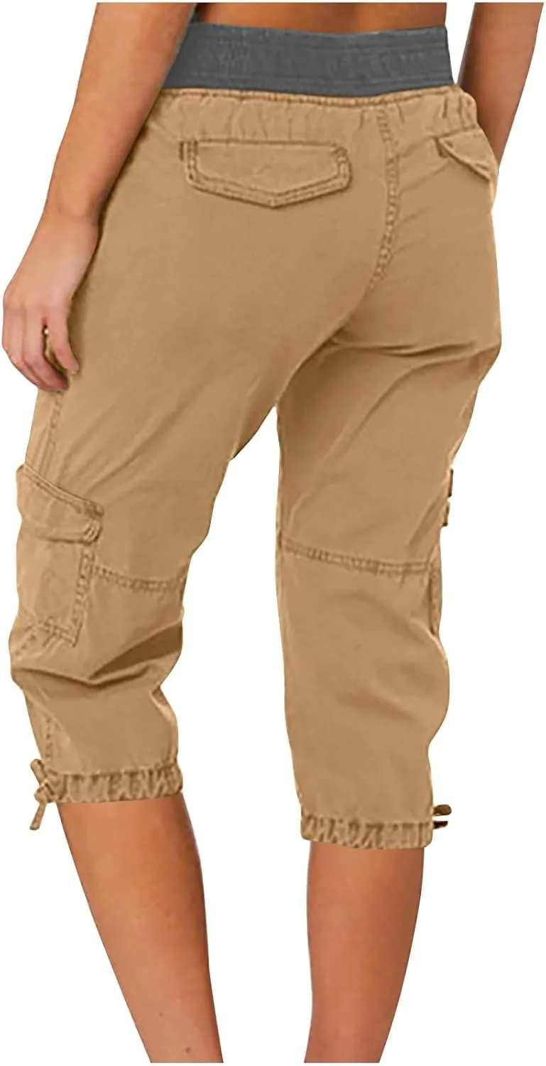 Capri Pants for Women Summer Cargo Capris with Pockets Drawstring Casual Hiking Solid Elastic Waist Cropped Trousers