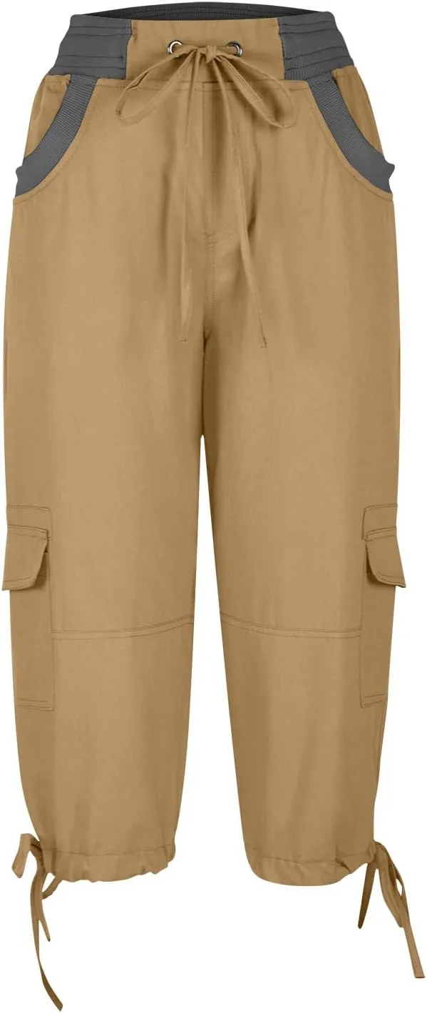 Capri Pants for Women Summer Cargo Capris with Pockets Drawstring Casual Hiking Solid Elastic Waist Cropped Trousers