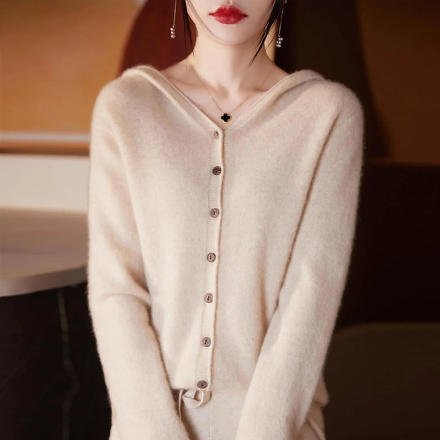 Cashmere Cardigan Sweaters for Women Hoodie V-Neck 100% Pure Wool Long Sleeve Solid Button Loose Casual