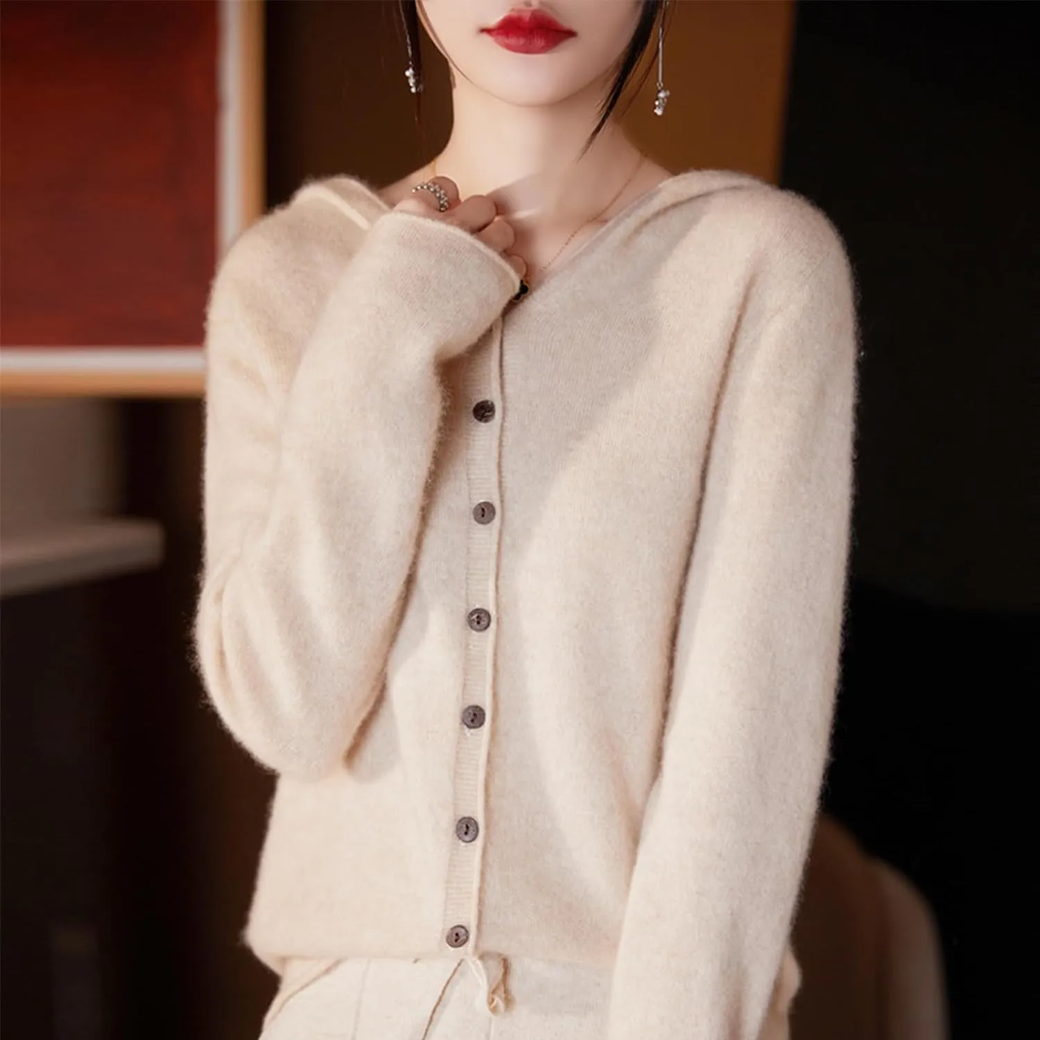 Cashmere Cardigan Sweaters for Women Hoodie V-Neck 100% Pure Wool Long Sleeve Solid Button Loose Casual
