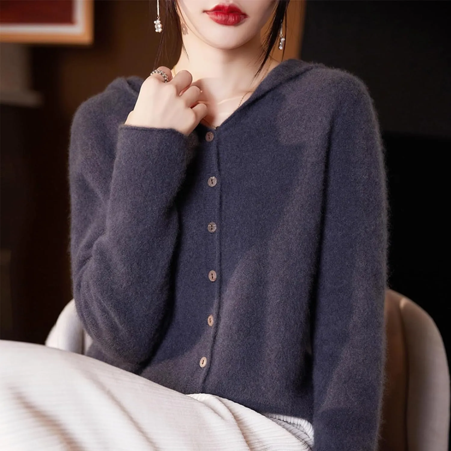 Cashmere Cardigan Sweaters for Women Hoodie V-Neck 100% Pure Wool Long Sleeve Solid Button Loose Casual