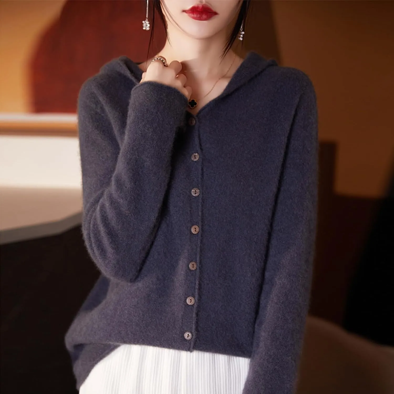 Cashmere Cardigan Sweaters for Women Hoodie V-Neck 100% Pure Wool Long Sleeve Solid Button Loose Casual