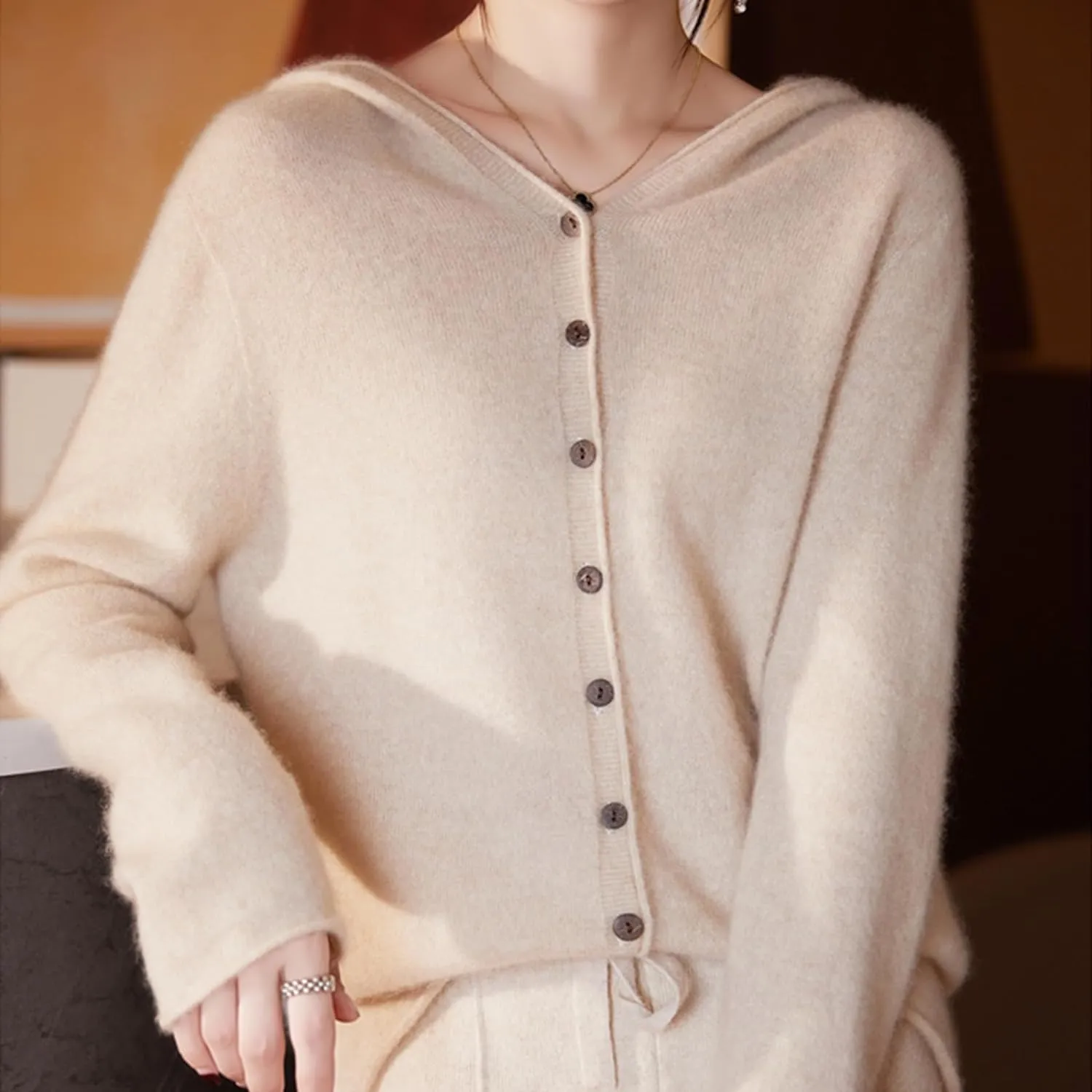 Cashmere Cardigan Sweaters for Women Hoodie V-Neck 100% Pure Wool Long Sleeve Solid Button Loose Casual