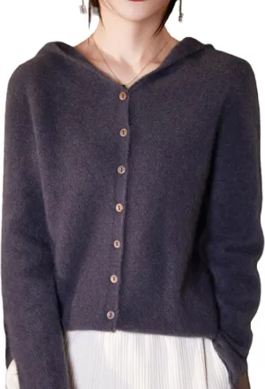 Cashmere Cardigan Sweaters for Women Hoodie V-Neck 100% Pure Wool Long Sleeve Solid Button Loose Casual