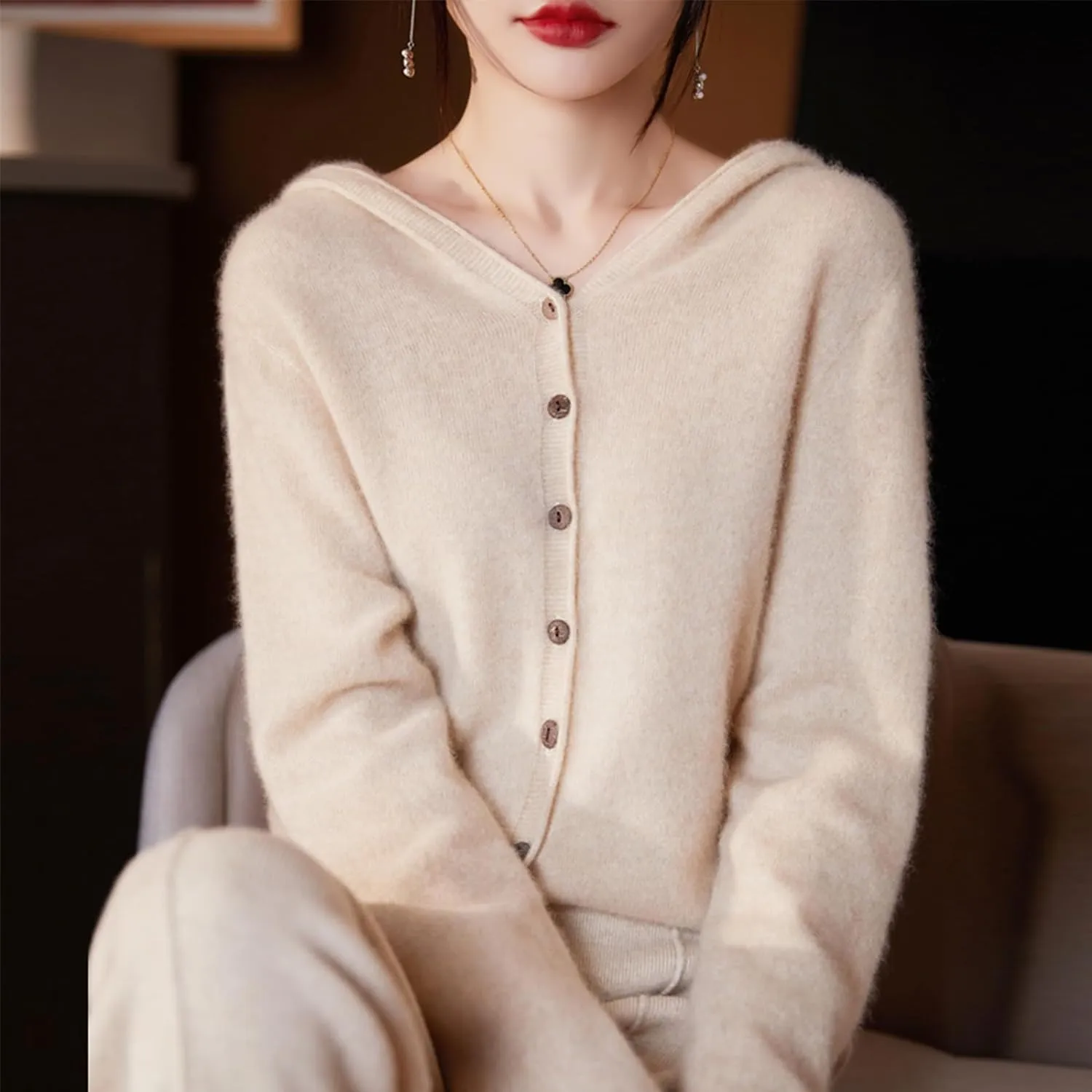 Cashmere Cardigan Sweaters for Women Hoodie V-Neck 100% Pure Wool Long Sleeve Solid Button Loose Casual