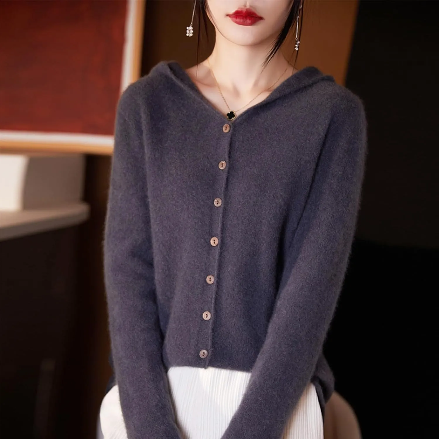 Cashmere Cardigan Sweaters for Women Hoodie V-Neck 100% Pure Wool Long Sleeve Solid Button Loose Casual