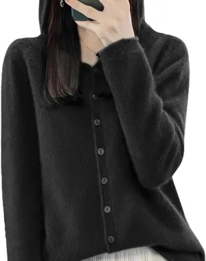 Cashmere Cardigan Sweaters for Women Hoodie V-Neck 100% Pure Wool Long Sleeve Solid Button Loose Casual