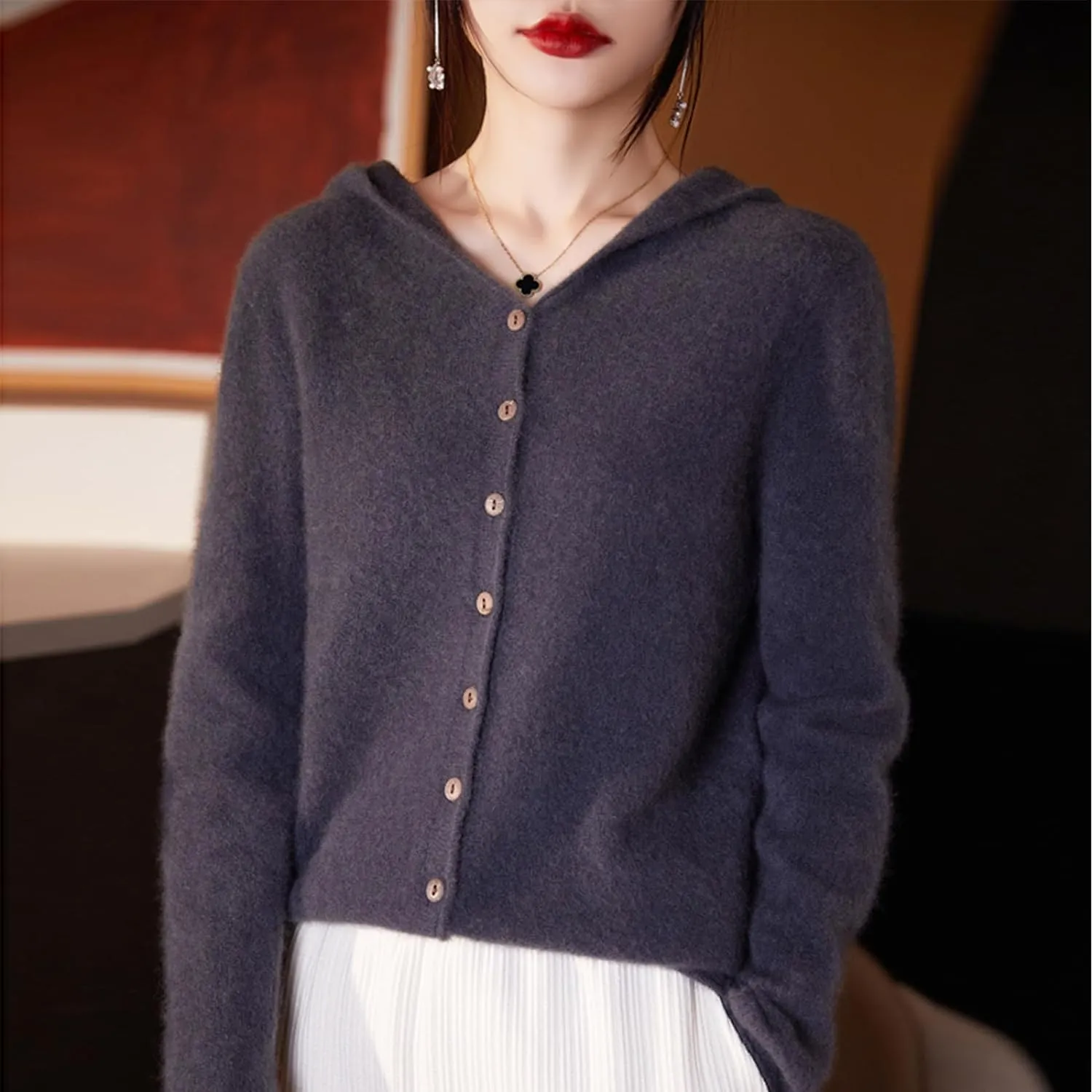 Cashmere Cardigan Sweaters for Women Hoodie V-Neck 100% Pure Wool Long Sleeve Solid Button Loose Casual