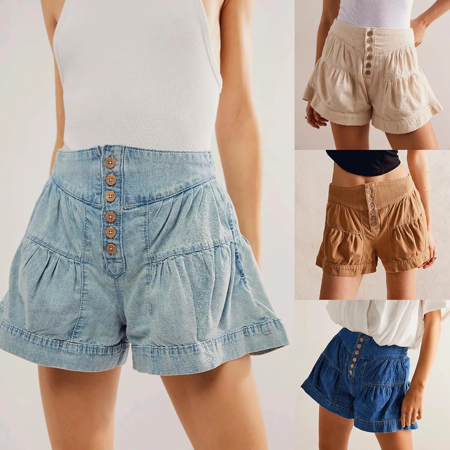 CHARTOU Women Cute Ruffle Hem Denim Short High Waist Wide Leg Jean Shorts Flare Stretchy Short with Pockets