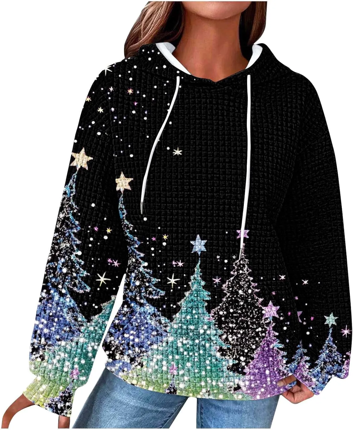 Christmas Hoodies for Women Glitter Xmas Tree Graphic Long Sleeve Sweatshirts Oversized Casual Funny Holiday Pullover
