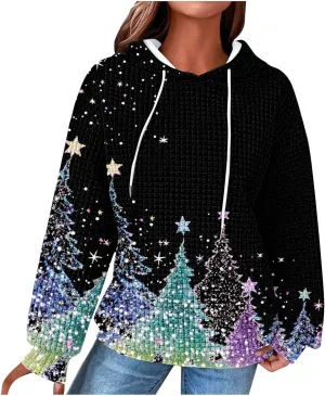 Christmas Hoodies for Women Glitter Xmas Tree Graphic Long Sleeve Sweatshirts Oversized Casual Funny Holiday Pullover