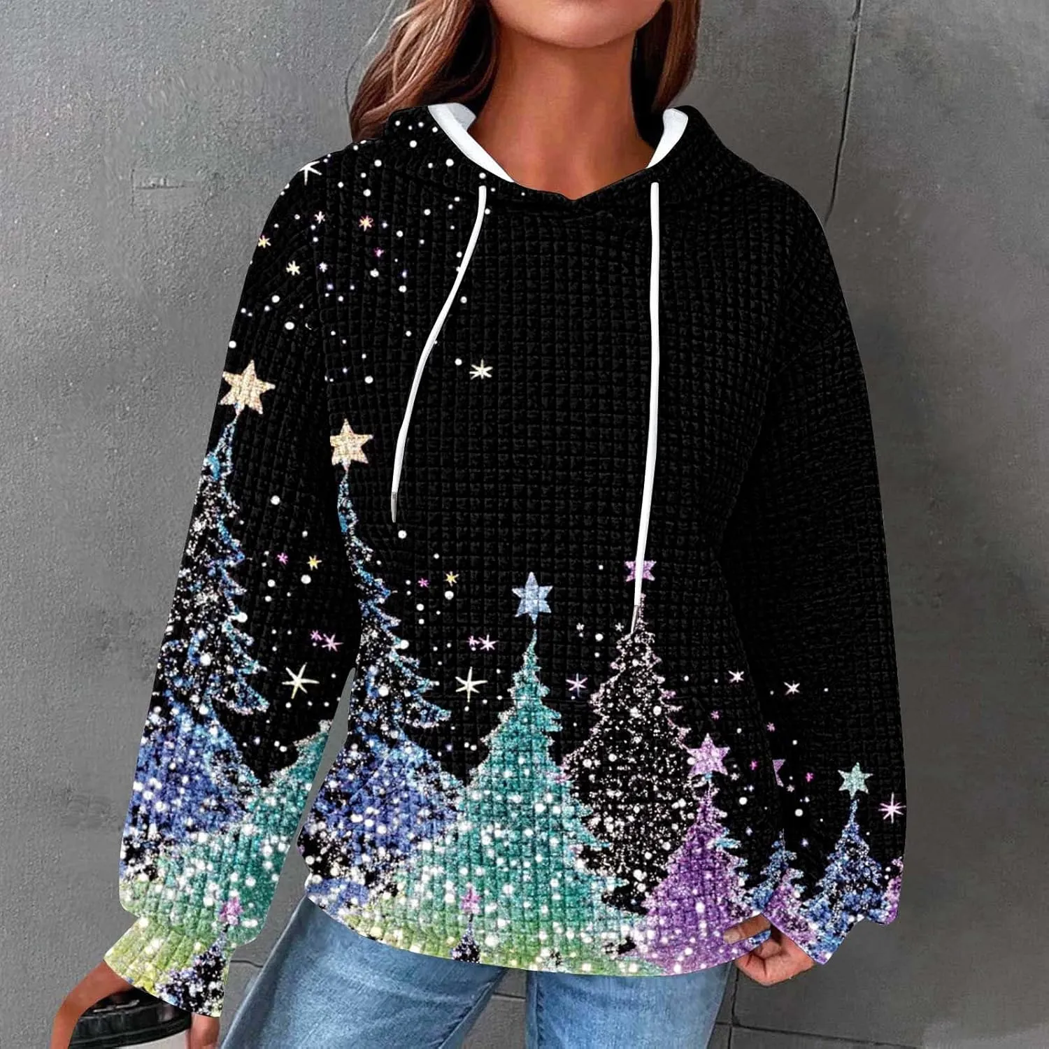 Christmas Hoodies for Women Glitter Xmas Tree Graphic Long Sleeve Sweatshirts Oversized Casual Funny Holiday Pullover