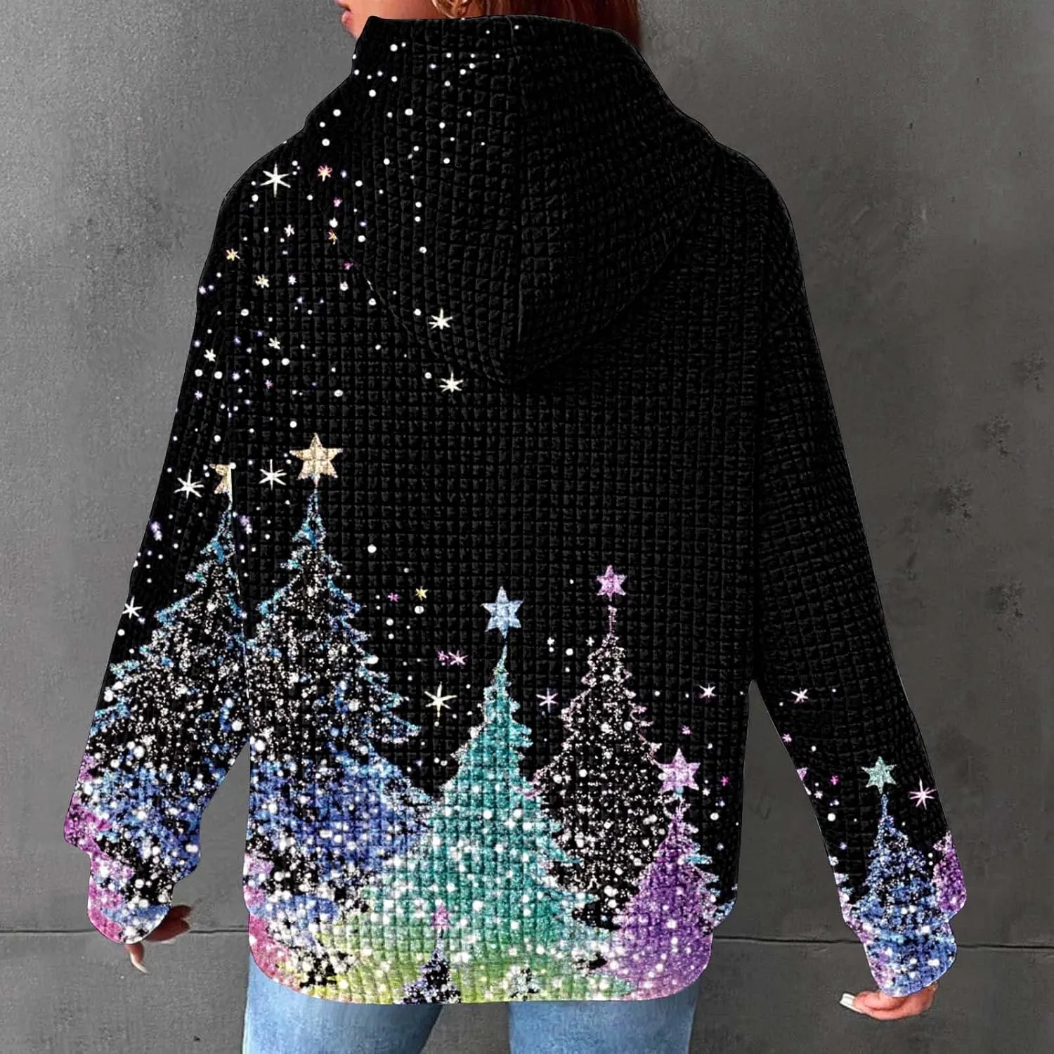 Christmas Hoodies for Women Glitter Xmas Tree Graphic Long Sleeve Sweatshirts Oversized Casual Funny Holiday Pullover