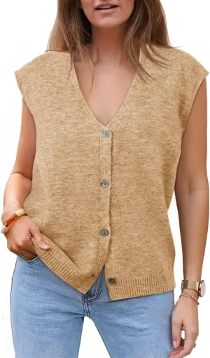 Cicy Bell Womens V Neck Sweater Vest Casual Button Down Knit Vest Outerwear Sleeveless Trendy Cardigans