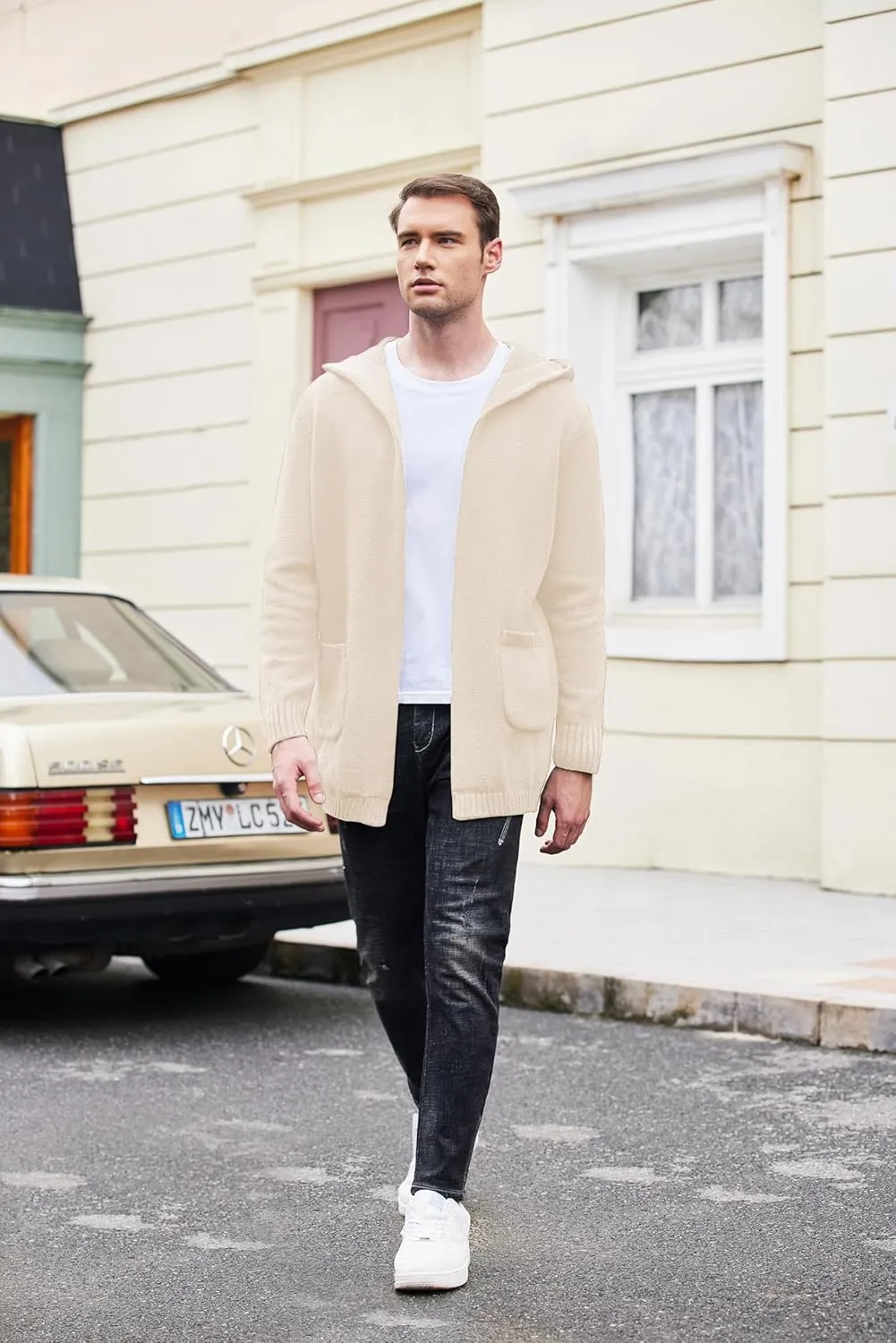 COOFANDY Mens Long Open Front Cardigan Sweater Lightweight Hooded Knitted Cardigan Sweaters with Pockets