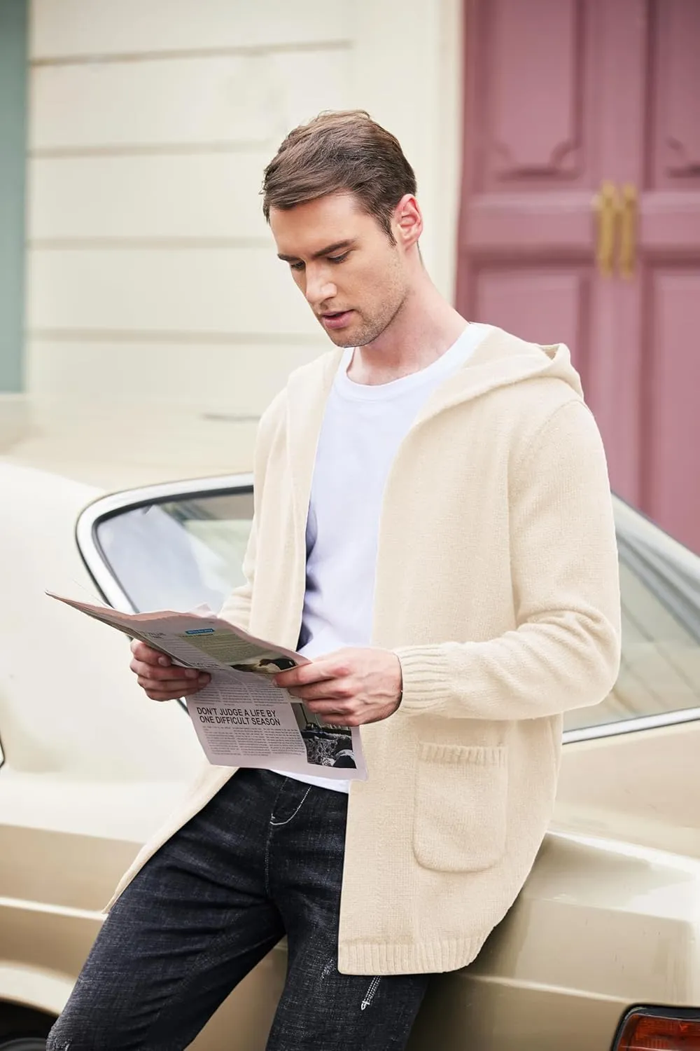 COOFANDY Mens Long Open Front Cardigan Sweater Lightweight Hooded Knitted Cardigan Sweaters with Pockets
