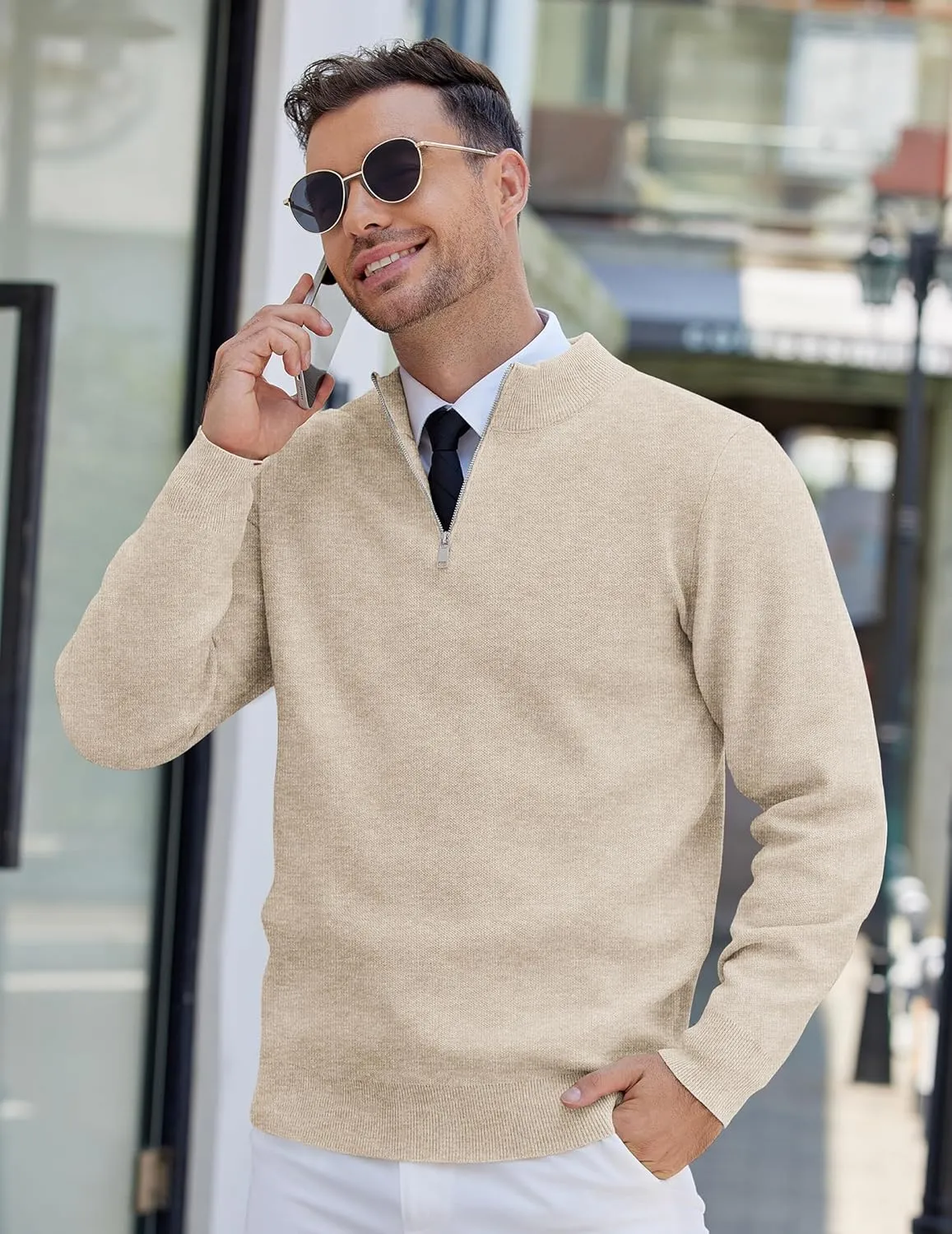 COOFANDY Mens Quarter Zip Pullover Slim Fit Lightweight Knit Pullover Sweaters Casual Polo Sweater