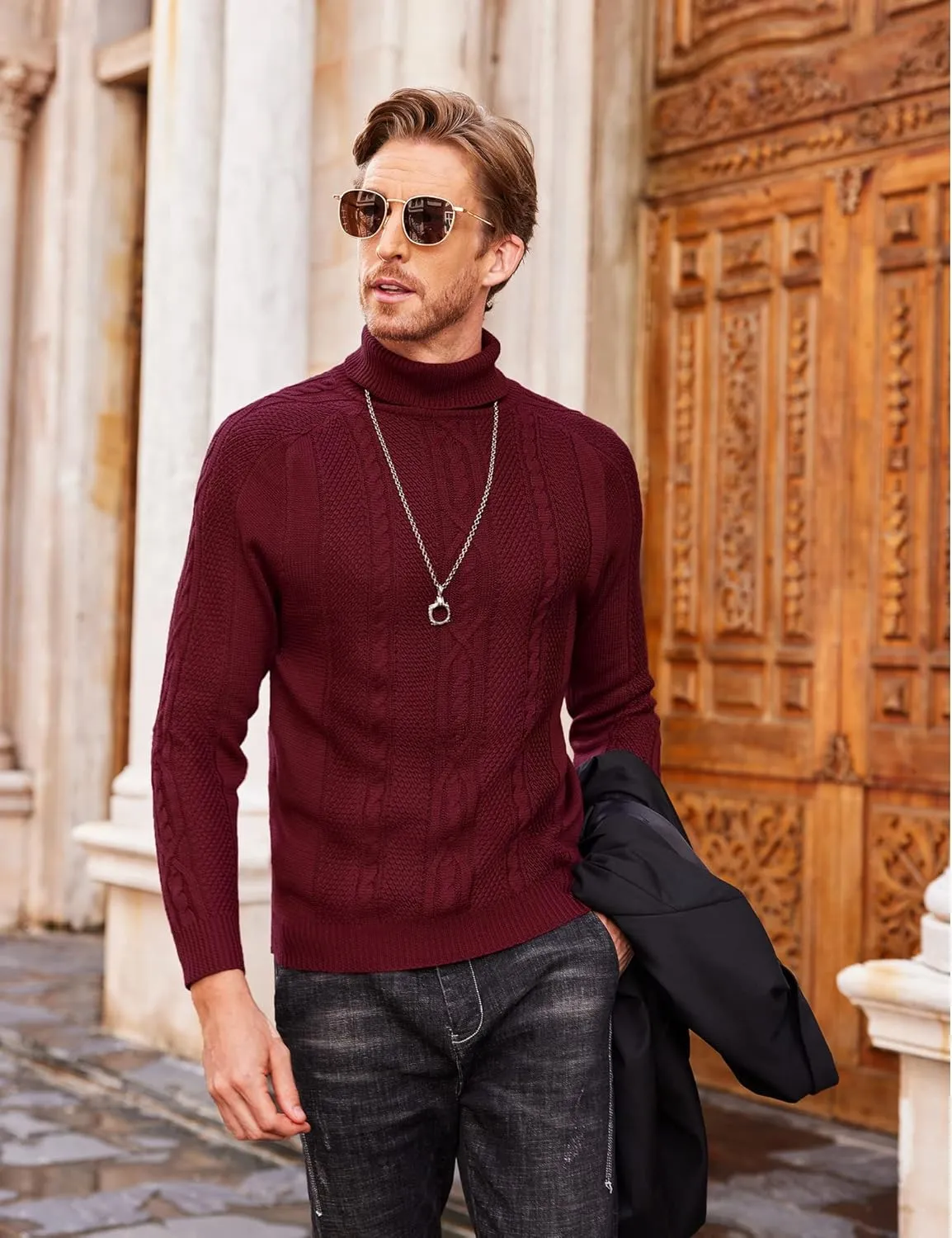 COOFANDY Men's Turtleneck Sweater Slim Fit Casual Warm Twisted Knitted Pullover Sweaters