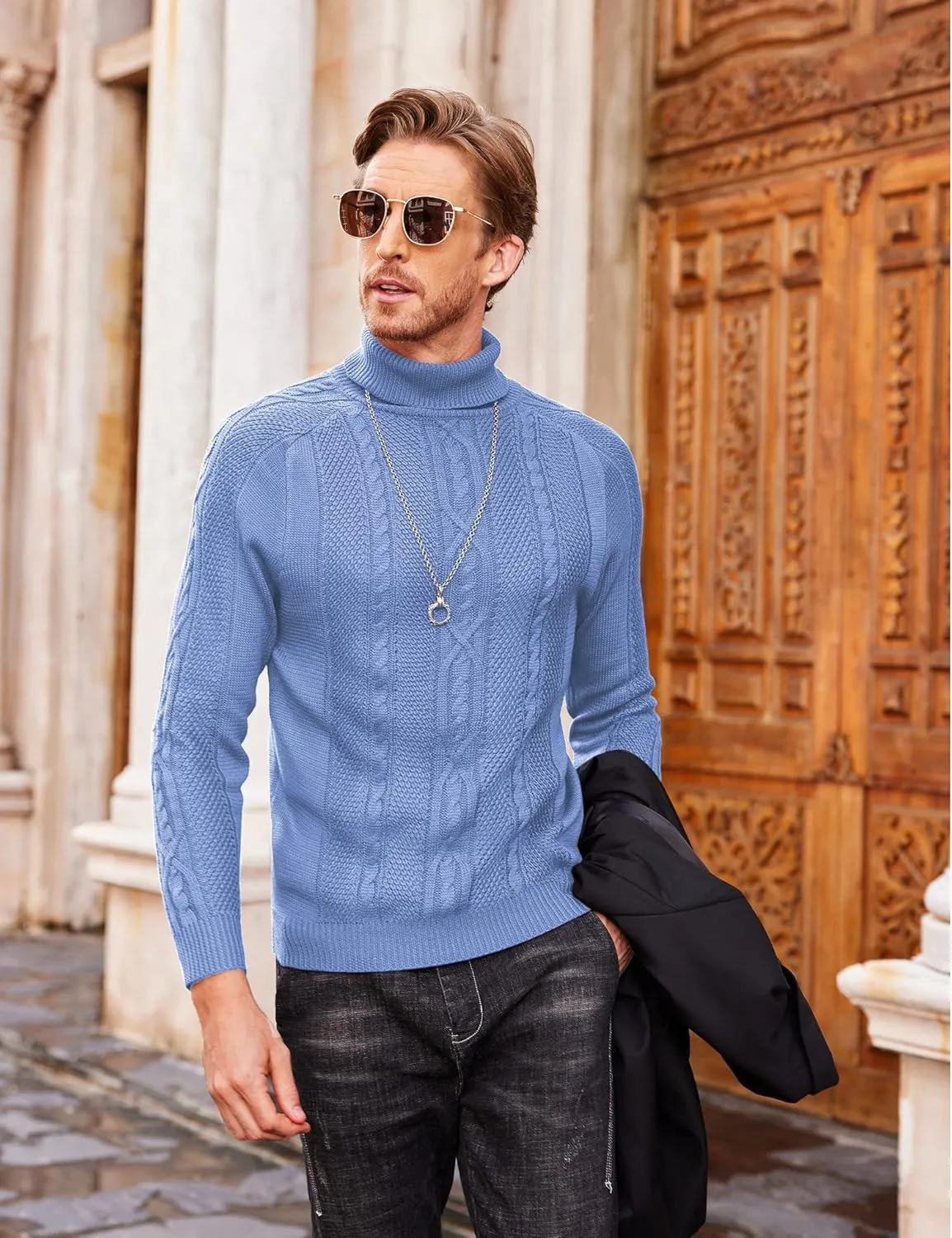 COOFANDY Men's Turtleneck Sweater Slim Fit Casual Warm Twisted Knitted Pullover Sweaters