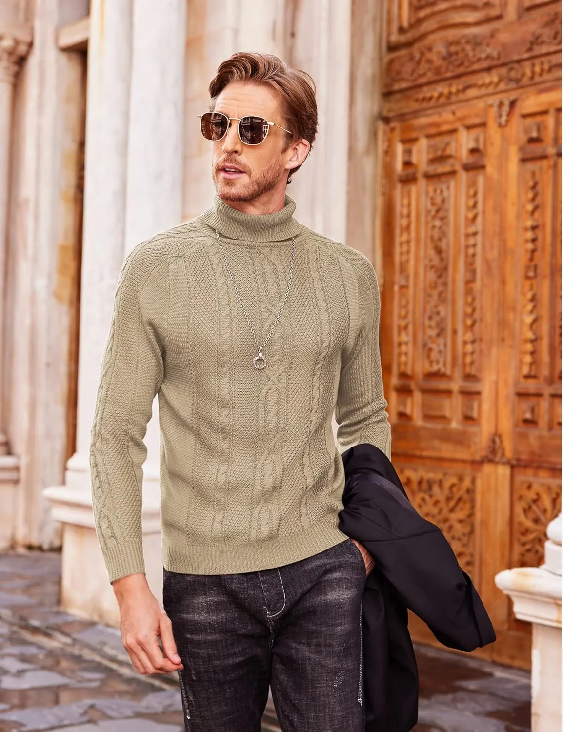 COOFANDY Men's Turtleneck Sweater Slim Fit Casual Warm Twisted Knitted Pullover Sweaters