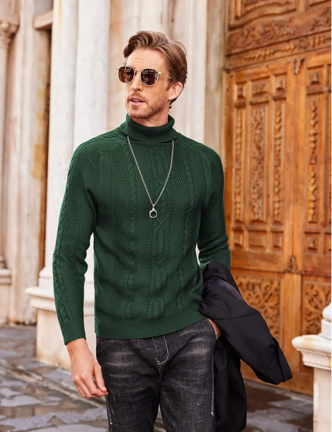 COOFANDY Men's Turtleneck Sweater Slim Fit Casual Warm Twisted Knitted Pullover Sweaters