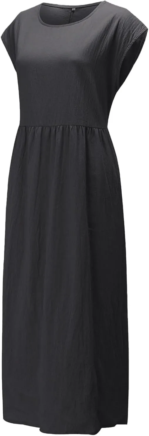 Cotton Dresses with Pockets for Women Casual Summer Midi Dress Solid Plus Size Short Sleeve Knee Length T Shirt Dress