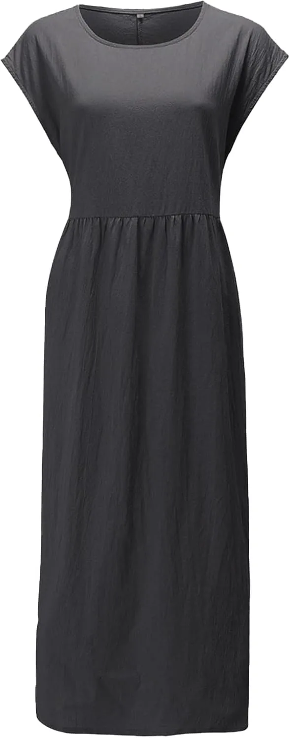 Cotton Dresses with Pockets for Women Casual Summer Midi Dress Solid Plus Size Short Sleeve Knee Length T Shirt Dress