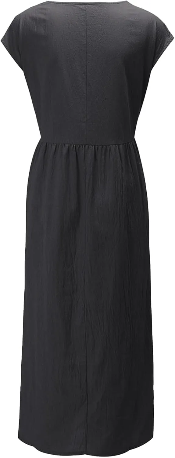 Cotton Dresses with Pockets for Women Casual Summer Midi Dress Solid Plus Size Short Sleeve Knee Length T Shirt Dress