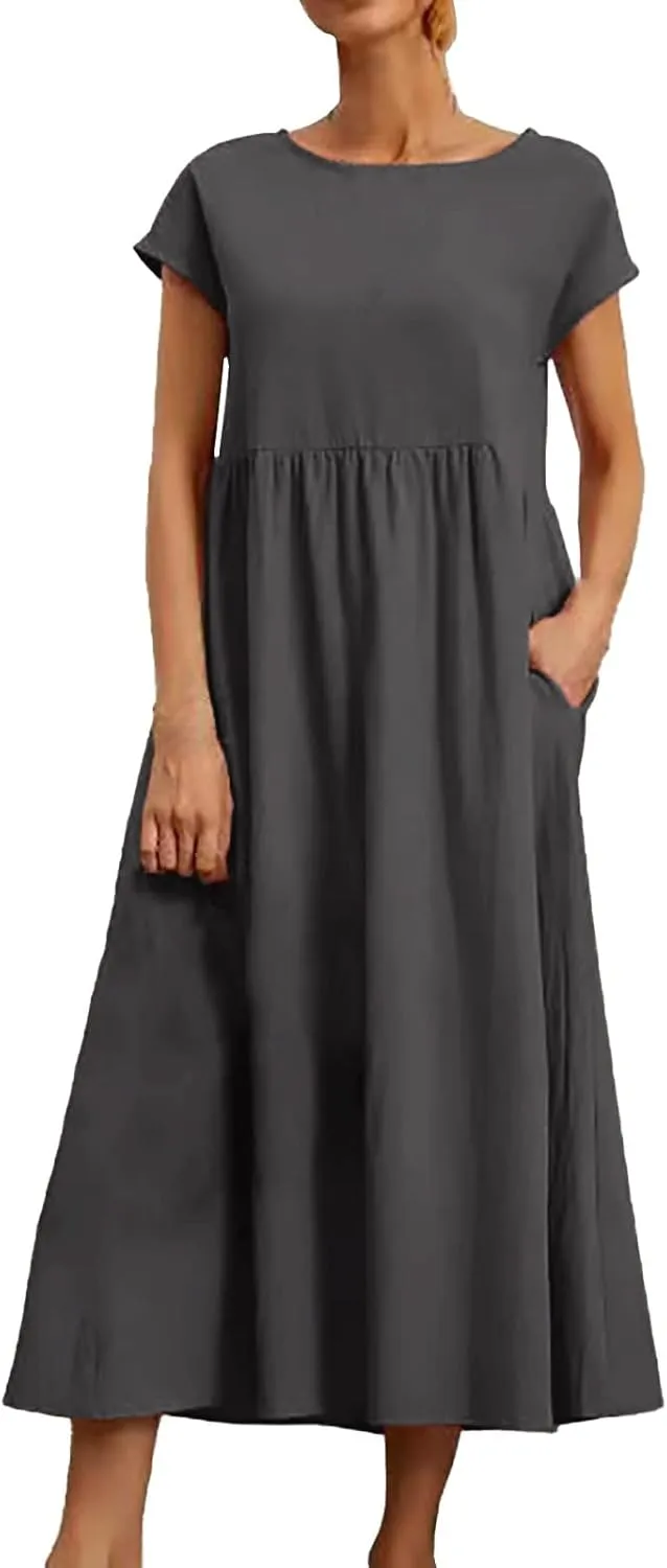 Cotton Dresses with Pockets for Women Casual Summer Midi Dress Solid Plus Size Short Sleeve Knee Length T Shirt Dress