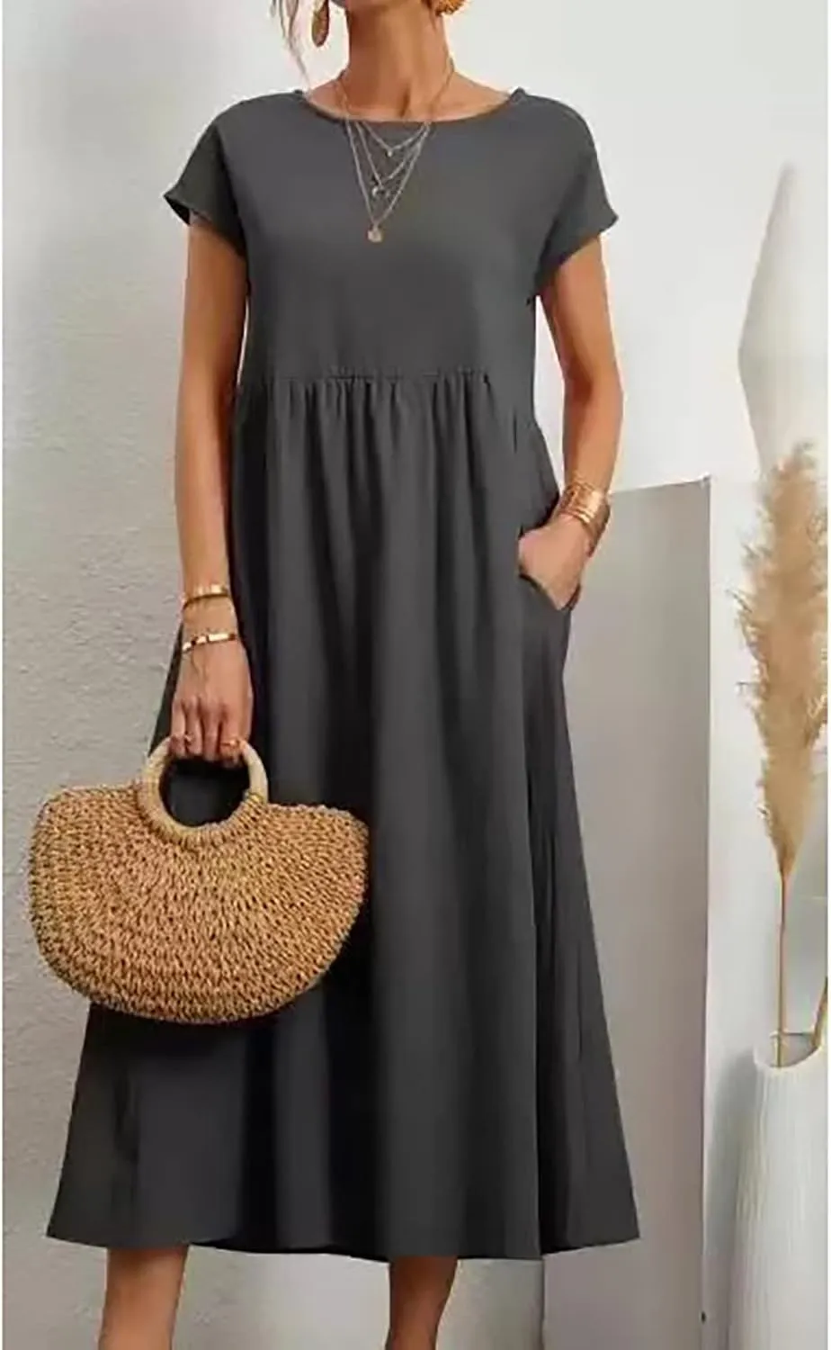 Cotton Dresses with Pockets for Women Casual Summer Midi Dress Solid Plus Size Short Sleeve Knee Length T Shirt Dress