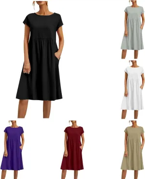 Cotton Linen Dress for Women Summer Trendy Short Sleeve Crew Neck Sexy Plus Size Loose Vacation Dress with Pocket