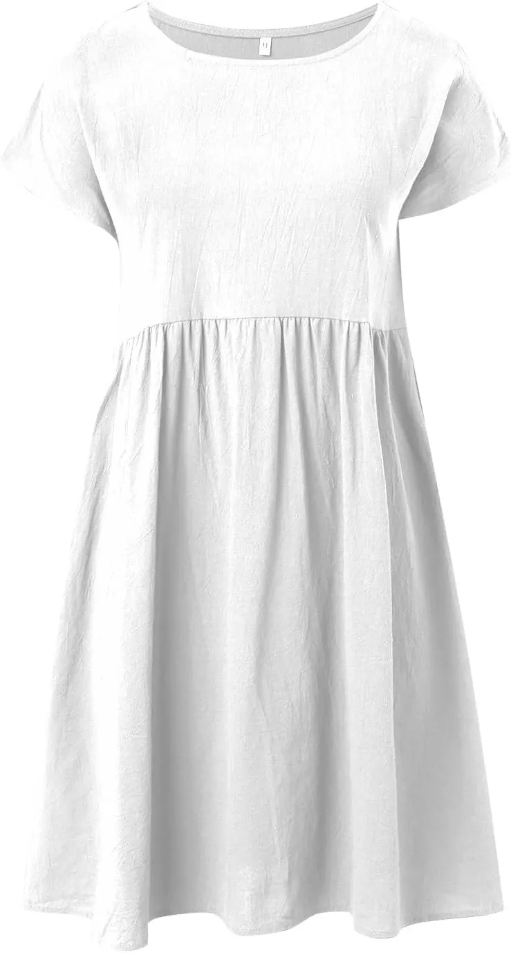 Cotton Linen Dress for Women Summer Trendy Short Sleeve Crew Neck Sexy Plus Size Loose Vacation Dress with Pocket