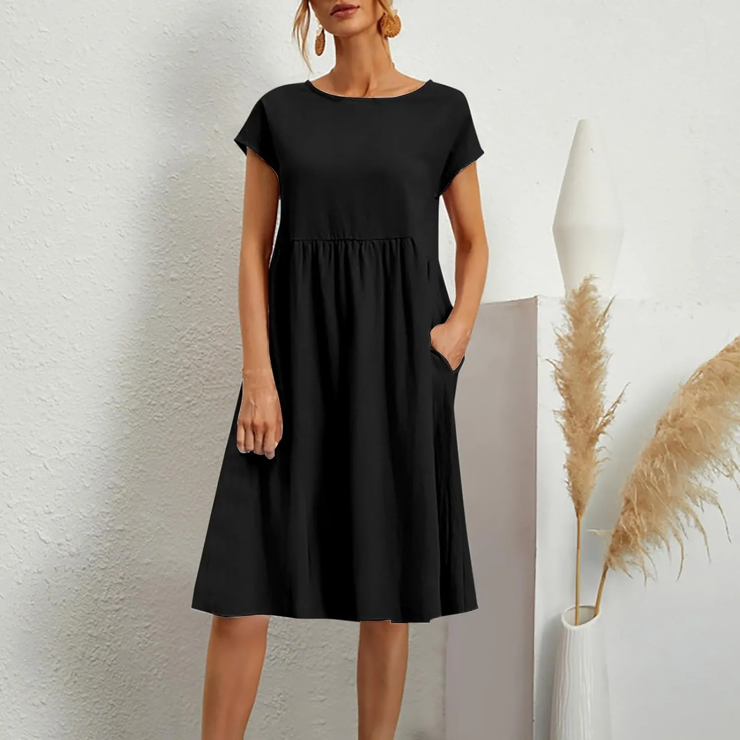 Cotton Linen Dress for Women Summer Trendy Short Sleeve Crew Neck Sexy Plus Size Loose Vacation Dress with Pocket