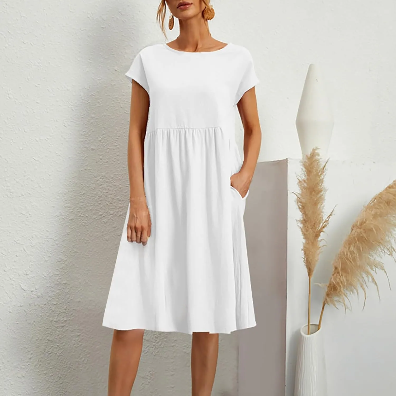 Cotton Linen Dress for Women Summer Trendy Short Sleeve Crew Neck Sexy Plus Size Loose Vacation Dress with Pocket