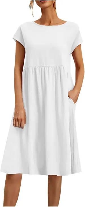 Cotton Linen Dress for Women Summer Trendy Short Sleeve Crew Neck Sexy Plus Size Loose Vacation Dress with Pocket