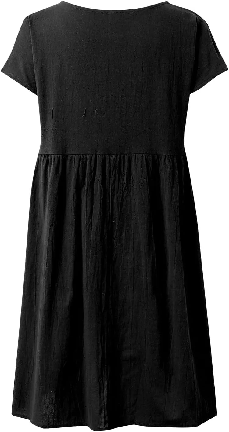 Cotton Linen Dress for Women Summer Trendy Short Sleeve Crew Neck Sexy Plus Size Loose Vacation Dress with Pocket