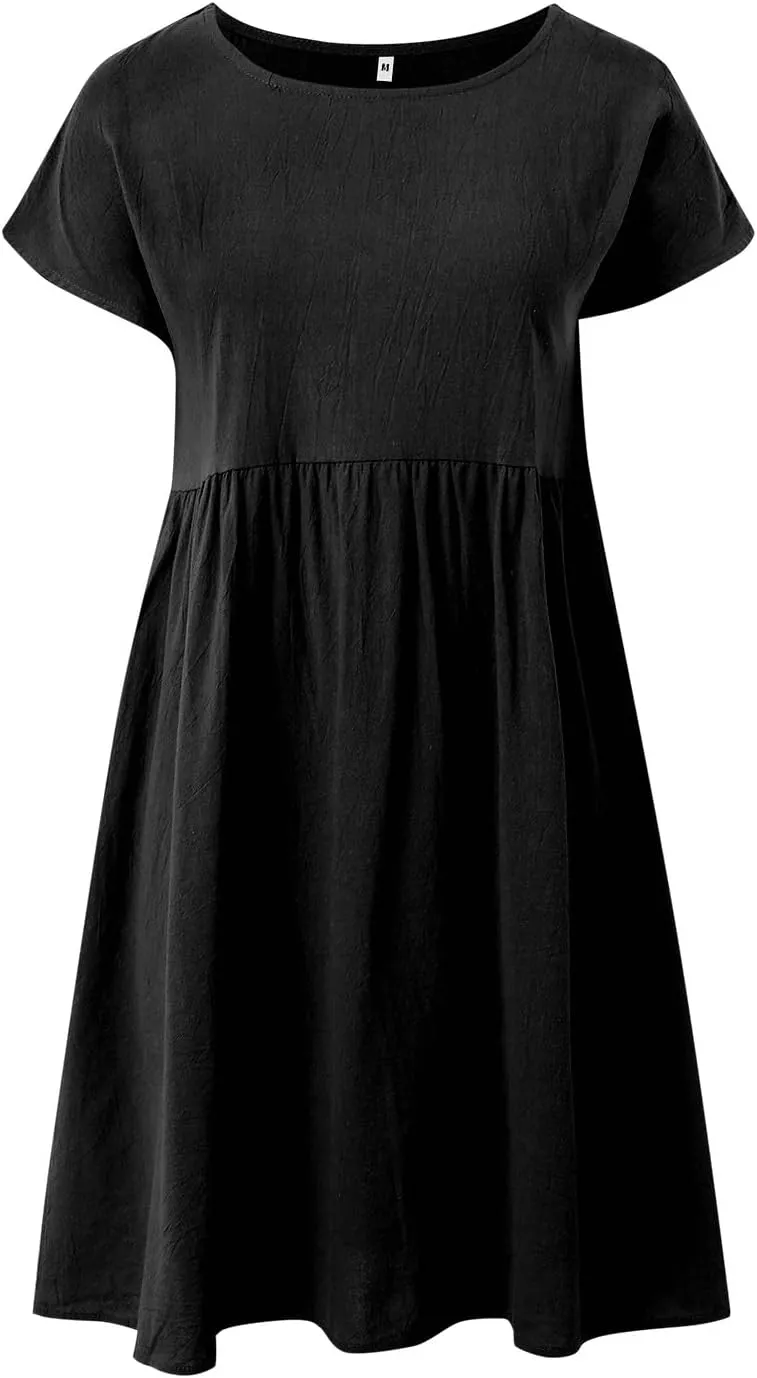 Cotton Linen Dress for Women Summer Trendy Short Sleeve Crew Neck Sexy Plus Size Loose Vacation Dress with Pocket