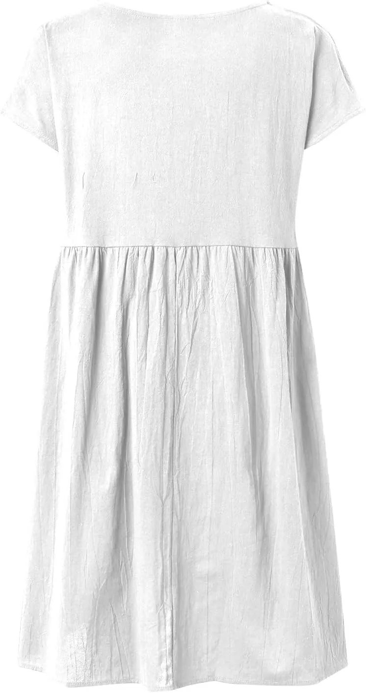 Cotton Linen Dress for Women Summer Trendy Short Sleeve Crew Neck Sexy Plus Size Loose Vacation Dress with Pocket