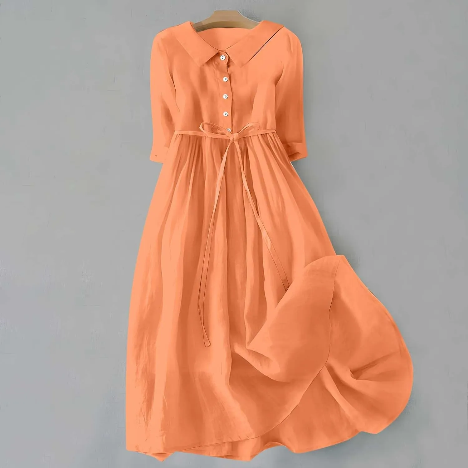 Cotton Linen Dresses for Women 2025 Maxi Button Down Lapel A Line Dress Trendy 3/4 Sleeve Comfy Beach Sundresses