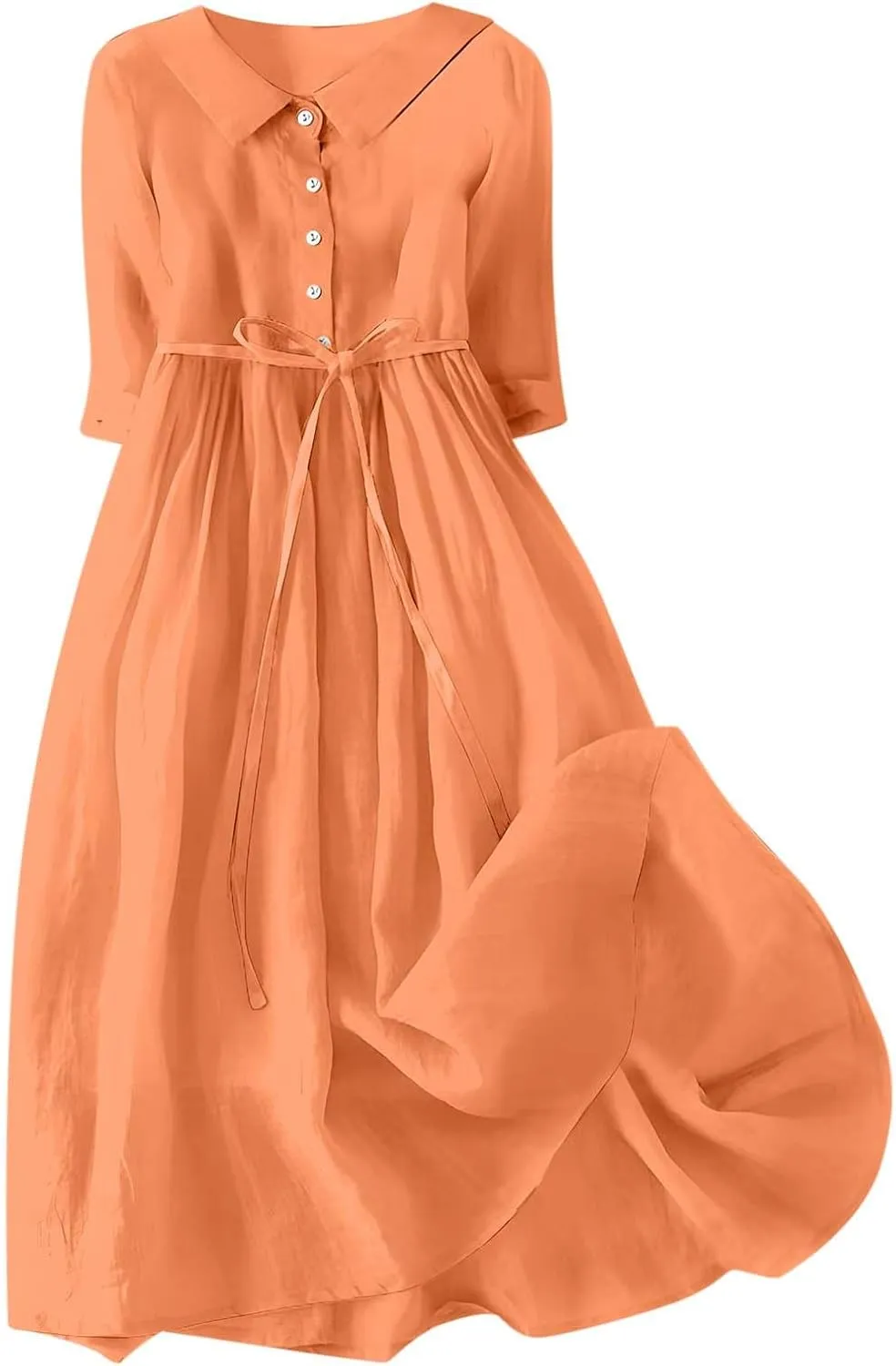 Cotton Linen Dresses for Women 2025 Maxi Button Down Lapel A Line Dress Trendy 3/4 Sleeve Comfy Beach Sundresses
