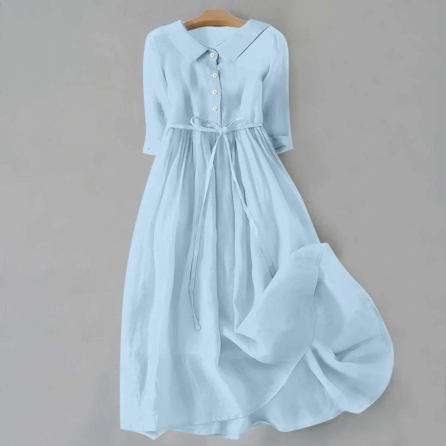 Cotton Linen Dresses for Women 2025 Maxi Button Down Lapel A Line Dress Trendy 3/4 Sleeve Comfy Beach Sundresses