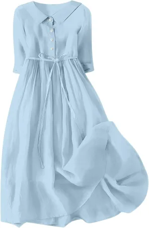 Cotton Linen Dresses for Women 2025 Maxi Button Down Lapel A Line Dress Trendy 3/4 Sleeve Comfy Beach Sundresses