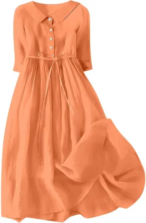 Cotton Linen Dresses for Women 2025 Maxi Button Down Lapel A Line Dress Trendy 3/4 Sleeve Comfy Beach Sundresses