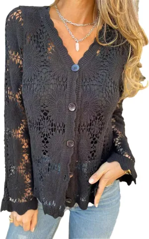 Crochet Sweaters for Women Floral Lace Long Sweater Women's Button V-Neck Bell Sleeve Sweater Boho Cardigan