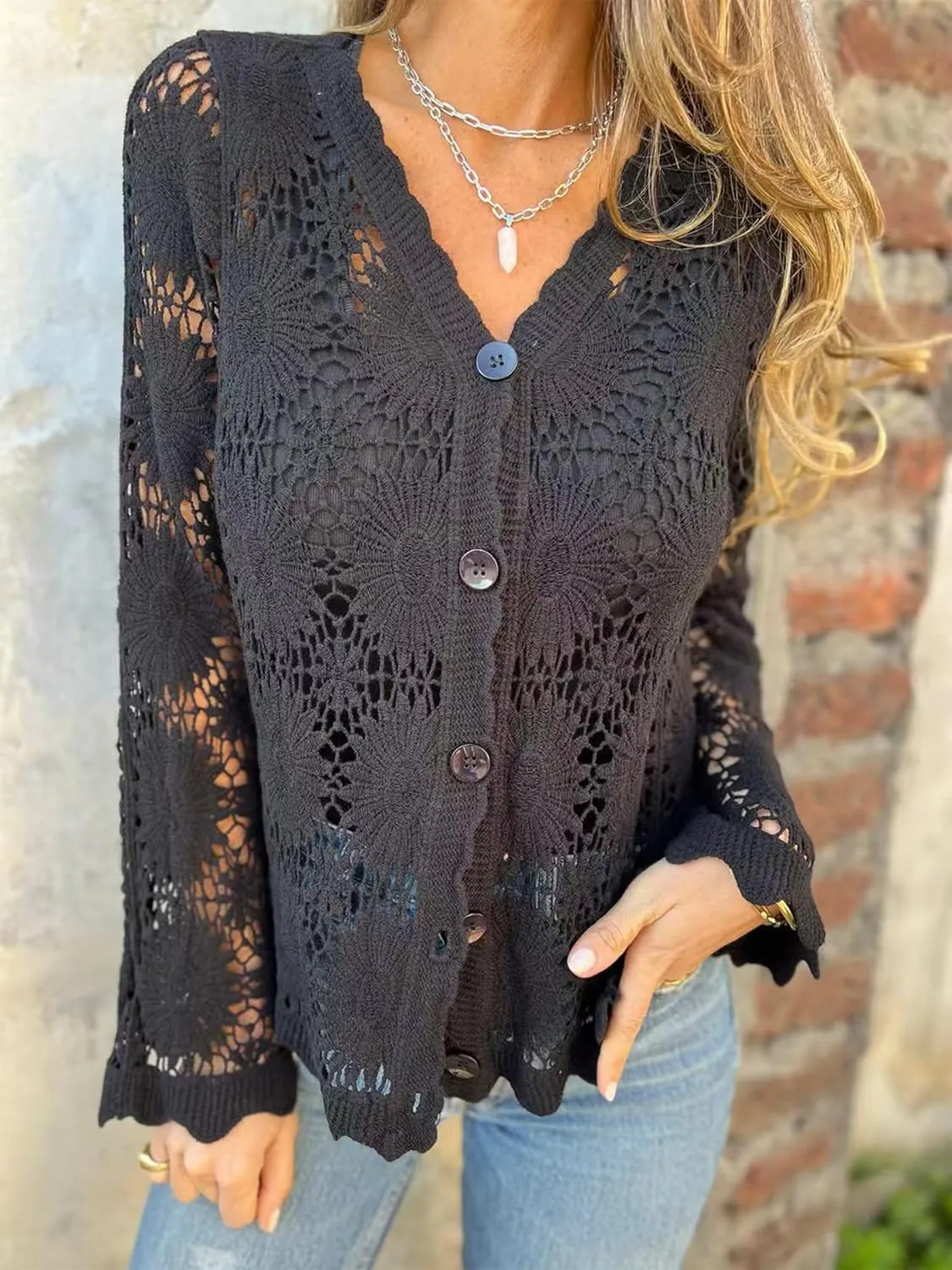 Crochet Sweaters for Women Floral Lace Long Sweater Women's Button V-Neck Bell Sleeve Sweater Boho Cardigan