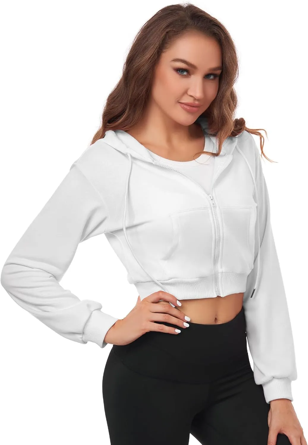 Cropped Zip Up Hoodie Women Jacket Top Sweatshirt Casual Basic Gym Workout Sport